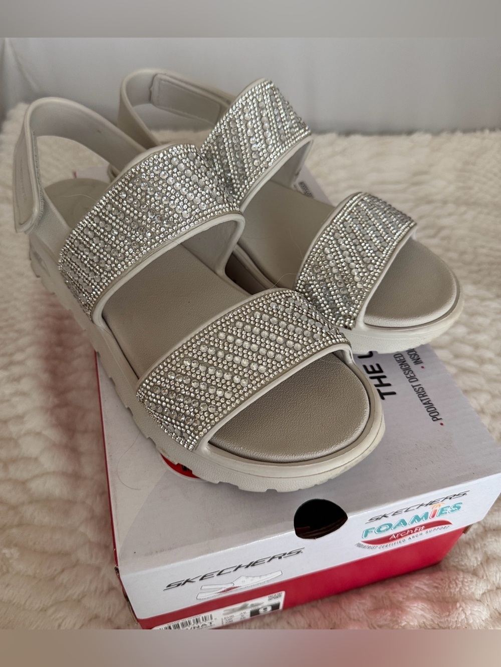 Skechers Women’s Silver Crystal Strap Foamies Sandals